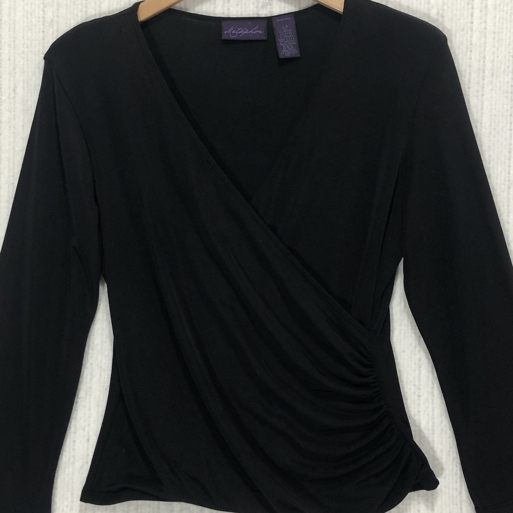 Metaphor Womens Black Long Sleeve Faux Wrap V-Neck Ruched Knit Top Size L